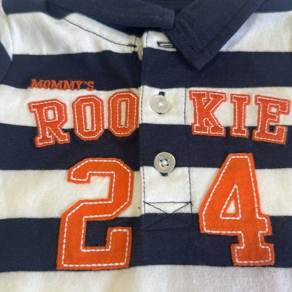 Carter's - NWT - Short sleeve Polo style Striped Baby Romper with Orange Accents - Picture 2 of 5